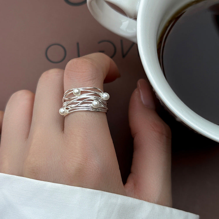 Multi-Layer Pearl Statement Ring — silver ring, view 5