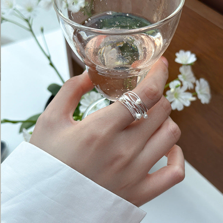 Multi-Layer Pearl Statement Ring — silver ring, view 6