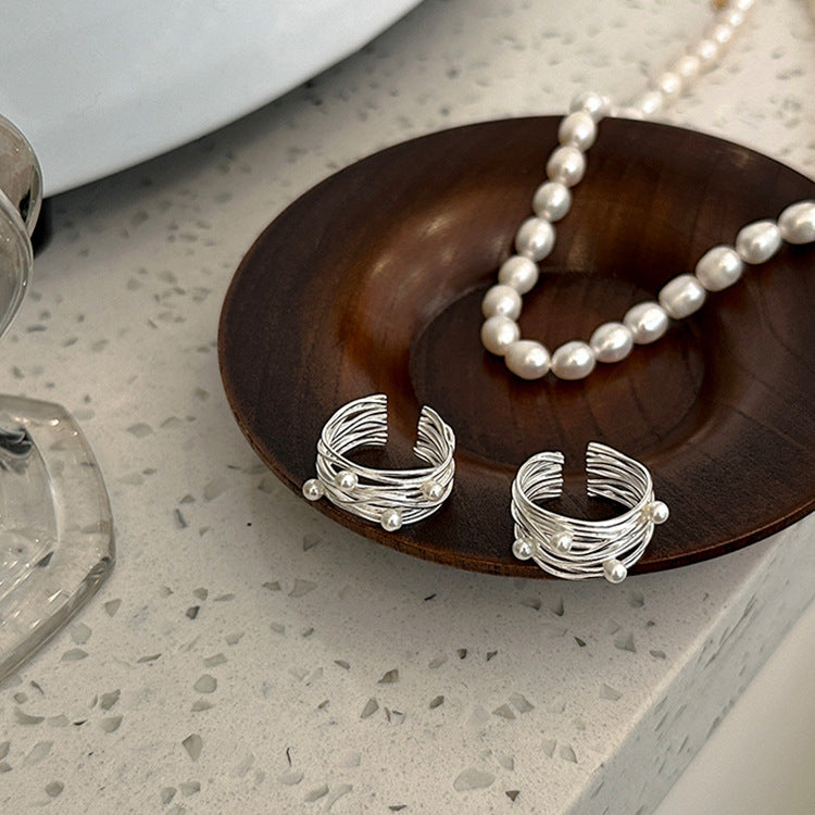 Multi-Layer Pearl Statement Ring — silver ring, view 7