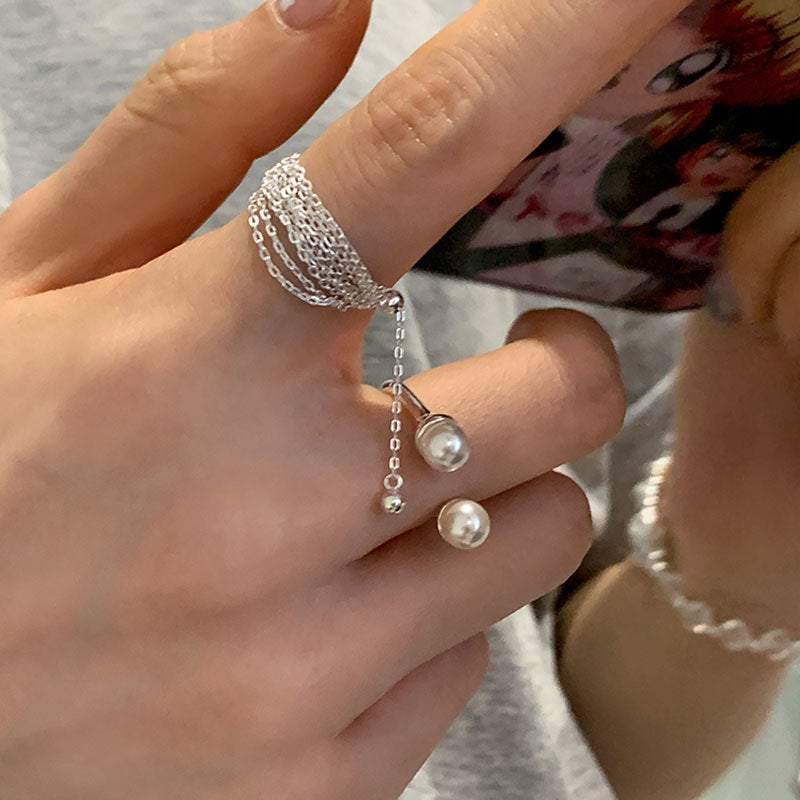 Pearl Chain Statement Ring — silver ring, view 4