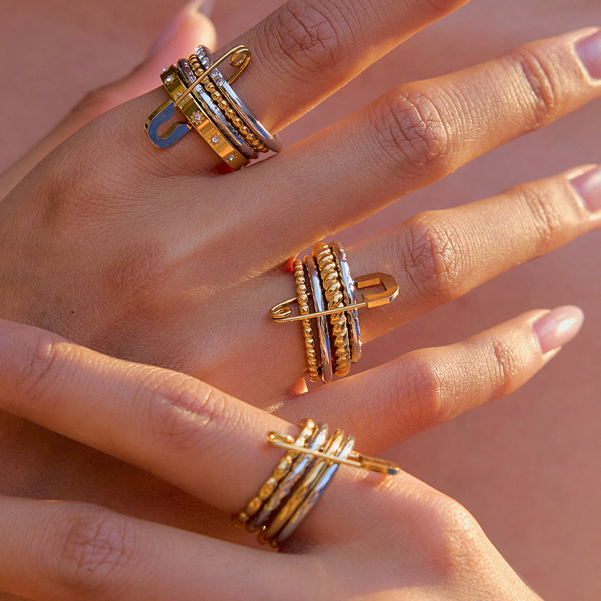 Layered Rhinestone Stack Ring — gold ring, view 3