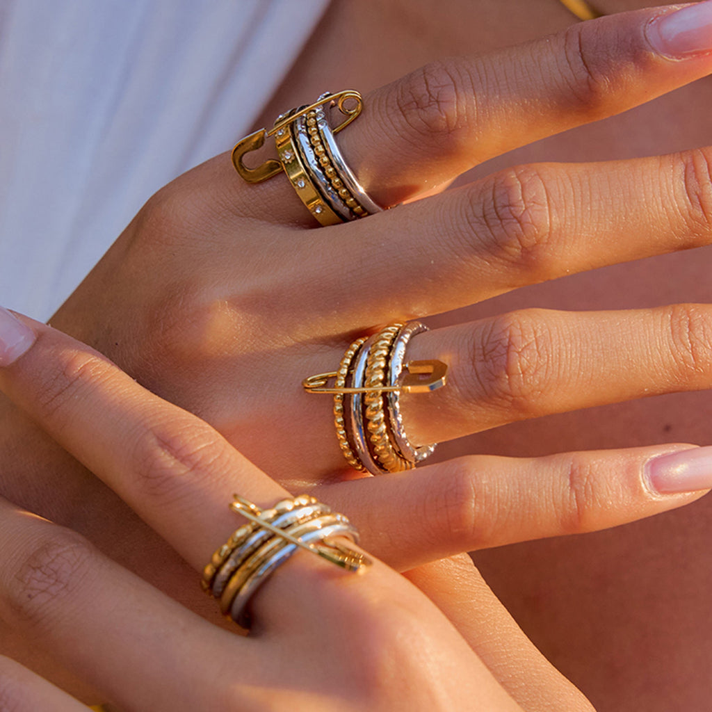 Layered Rhinestone Stack Ring — gold ring, view 4