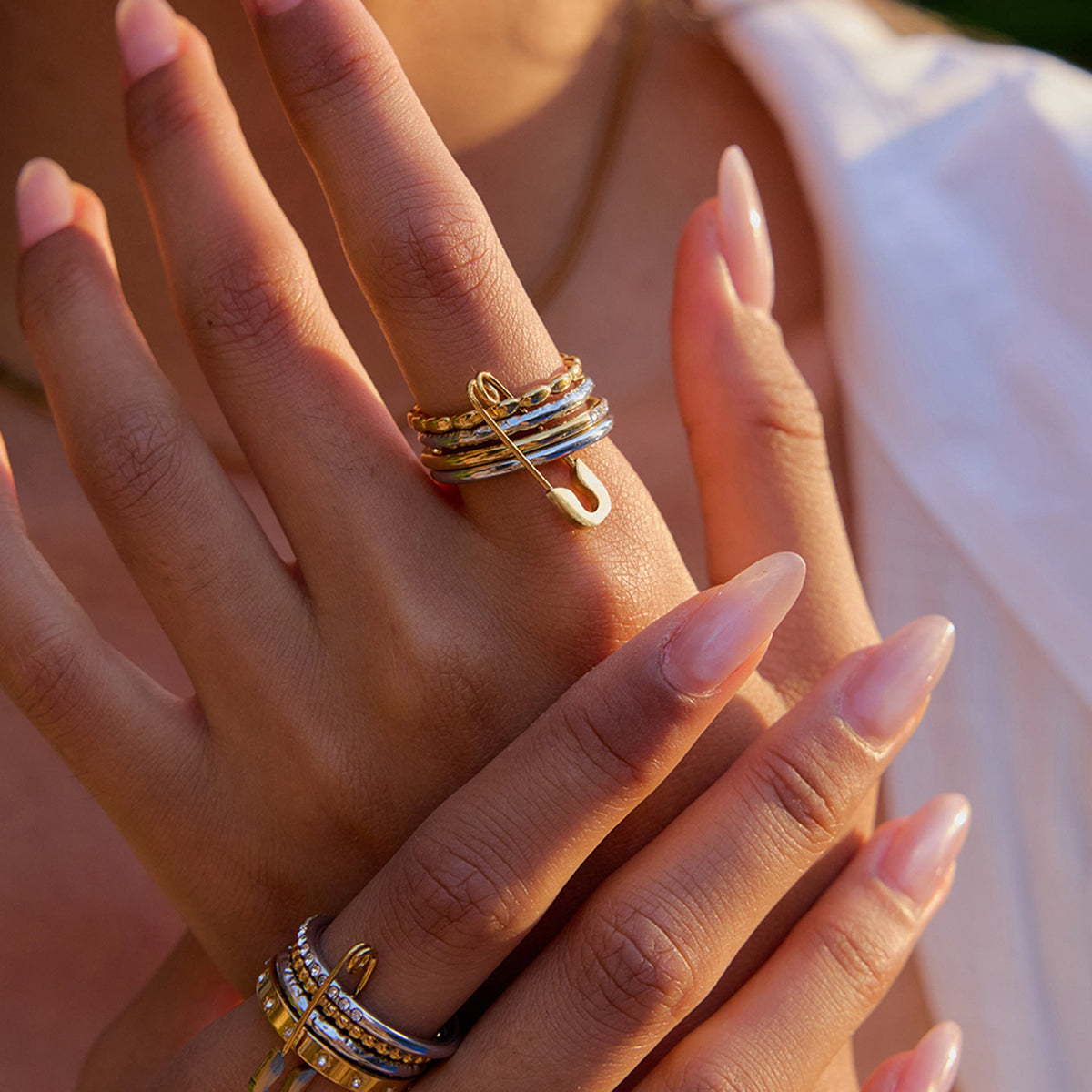 Layered Rhinestone Stack Ring — gold ring, view 5