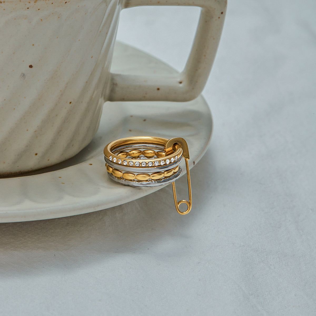Layered Rhinestone Stack Ring — gold ring, view 8