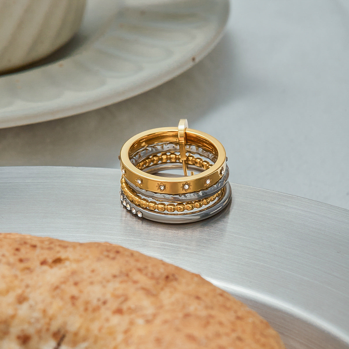 Layered Rhinestone Stack Ring — gold ring, view 9