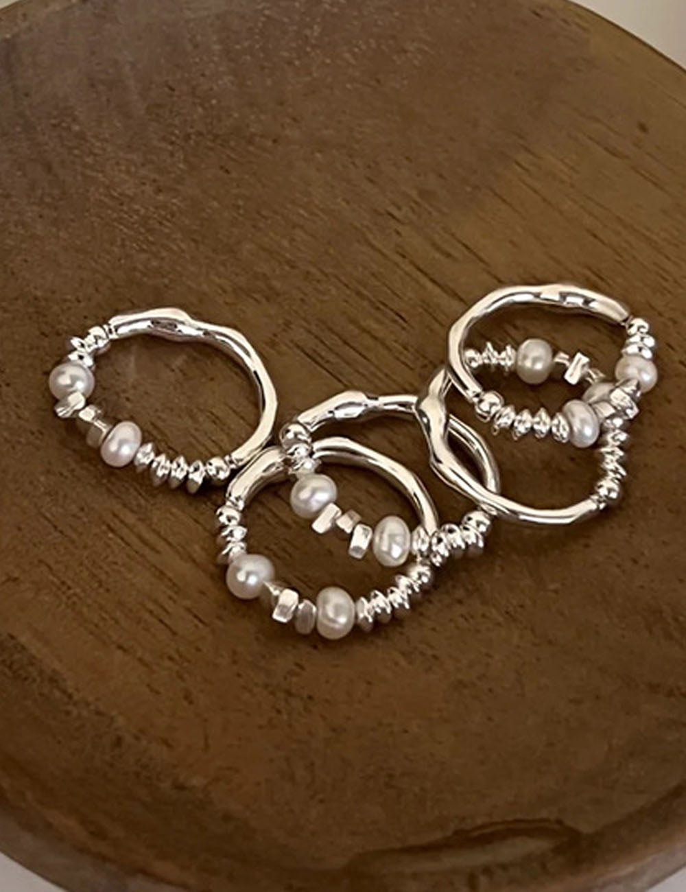 Pearl-Style Beaded Thin Band Ring — silver ring