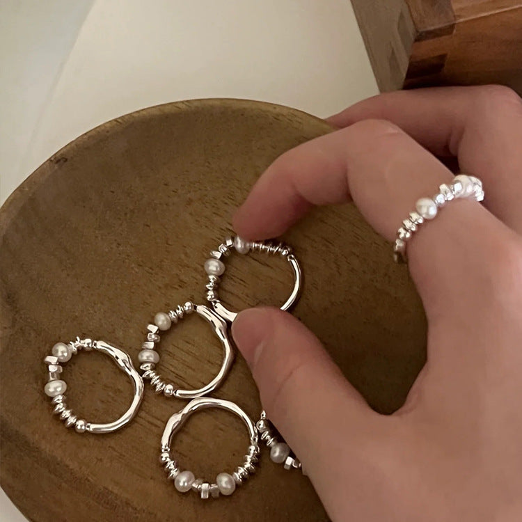 Pearl-Style Beaded Thin Band Ring — silver ring, view 2