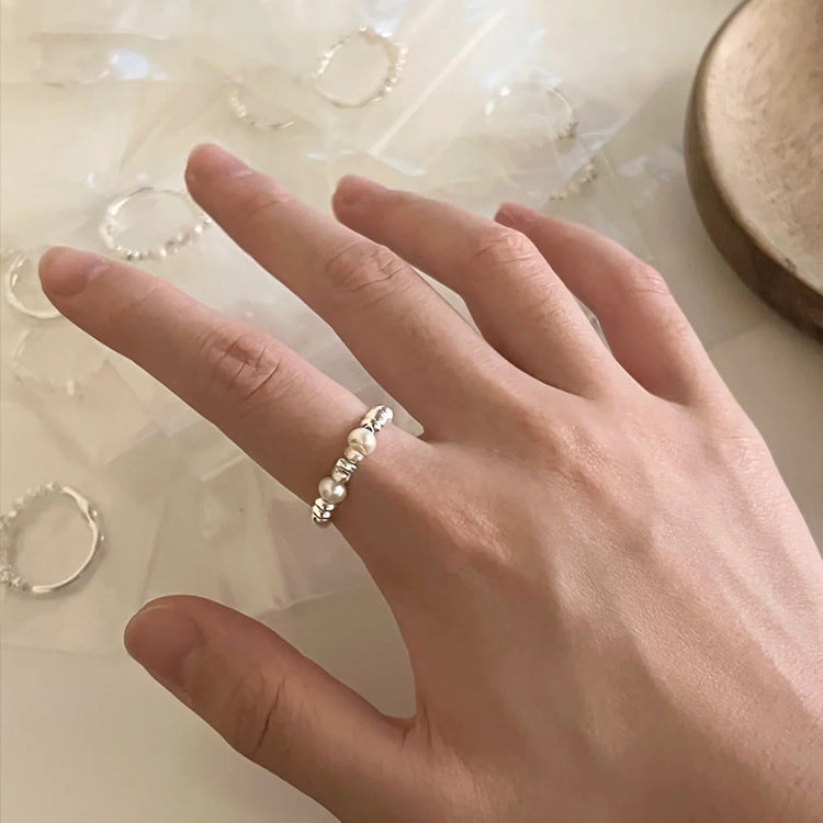 Pearl-Style Beaded Thin Band Ring — silver ring, view 4
