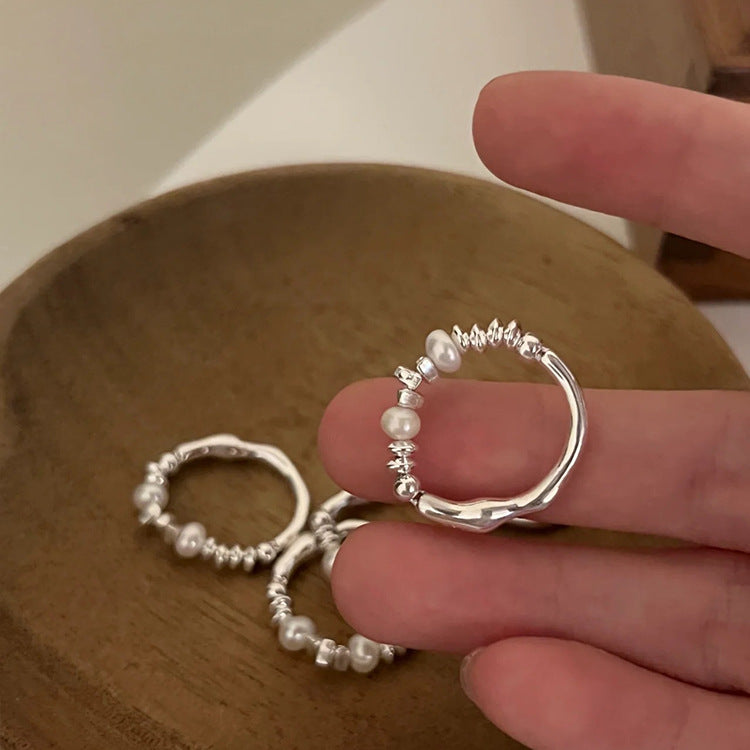 Pearl-Style Beaded Thin Band Ring — silver ring, view 5