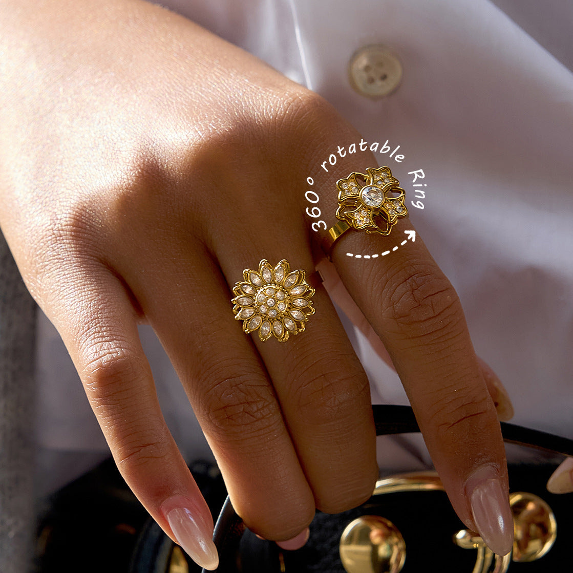 Rotatable Sunflower Zircon Ring — gold ring, view 2