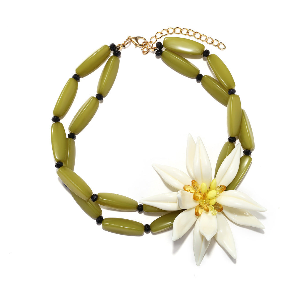 Chunky Flower Beaded Choker — green necklace, view 3