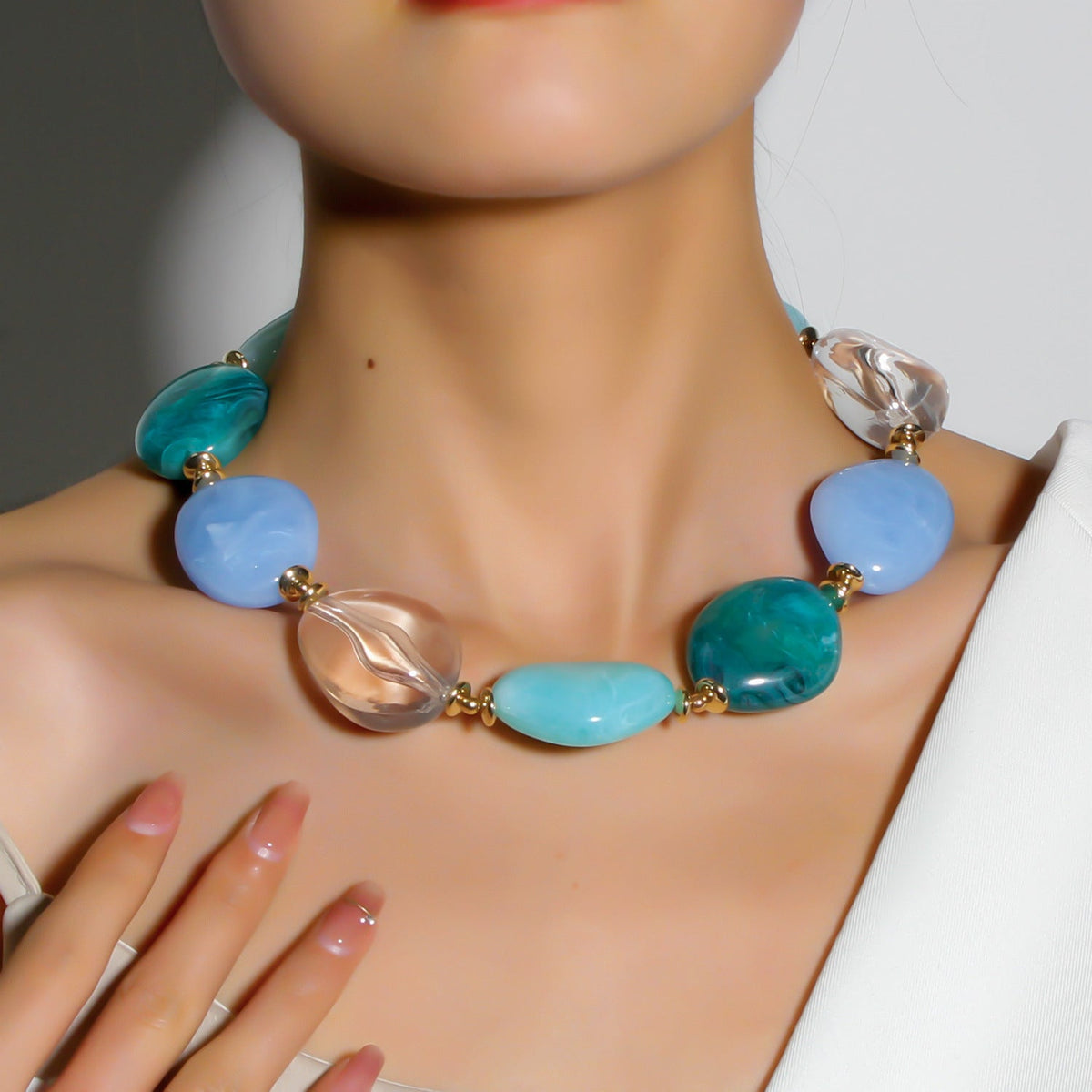 Chunky Bead Choker Necklace — blue necklace, view 6