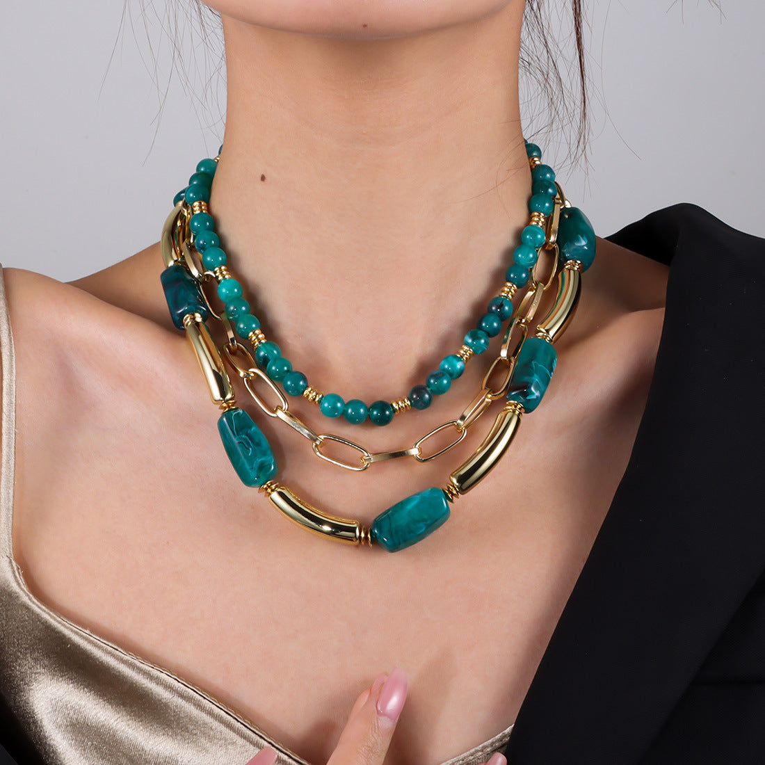 Multi-Layer Beaded Statement Necklace — necklace, view 3