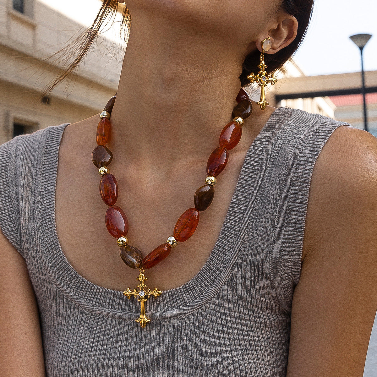 Gothic Cross Beaded Necklace — necklace, view 2