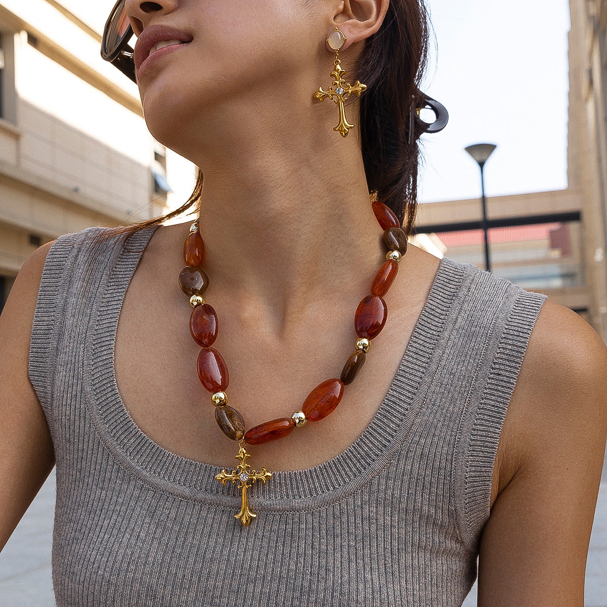Gothic Cross Beaded Necklace — necklace, view 3