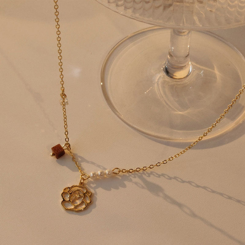 Rose Flower Pendant Chain Necklace — gold necklace, view 3