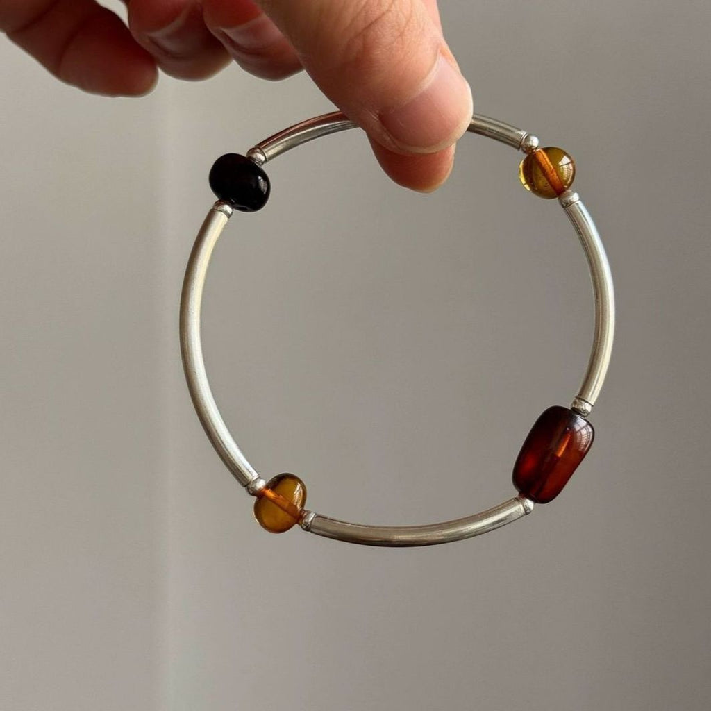 Irregular Beaded Tube Stretch Bangle — silver bracelet, view 2