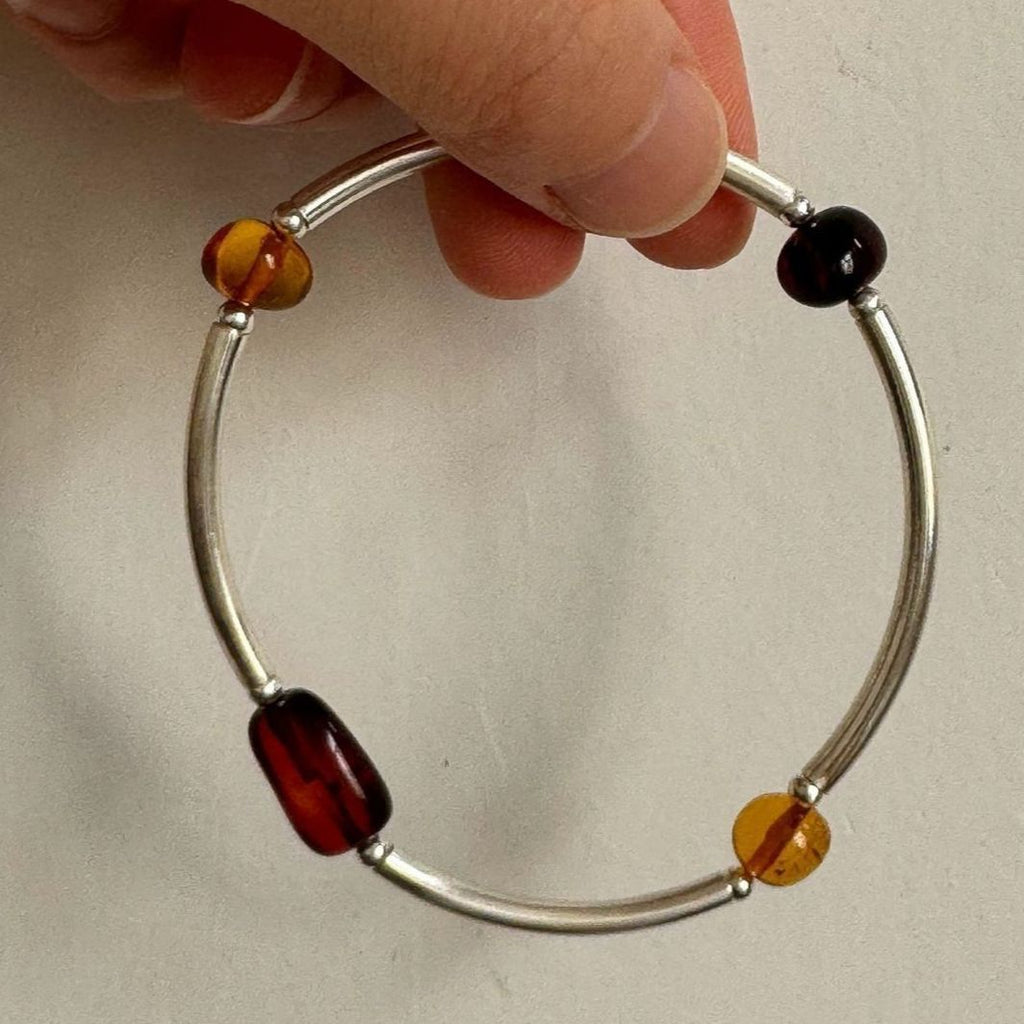 Irregular Beaded Tube Stretch Bangle — silver bracelet, view 3