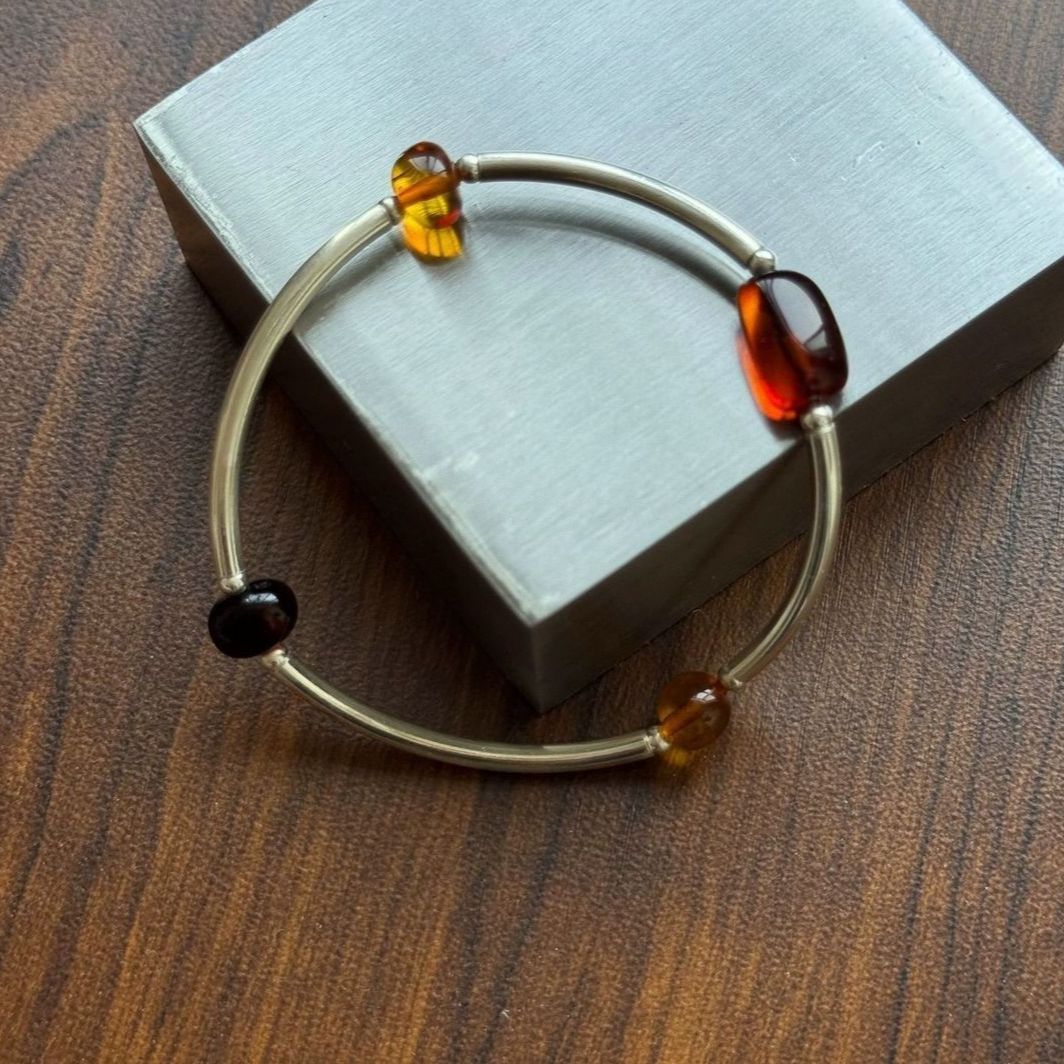 Irregular Beaded Tube Stretch Bangle — silver bracelet, view 4