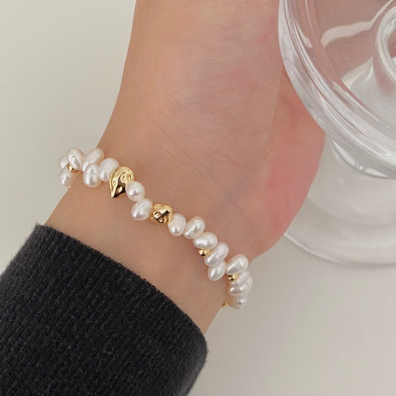 Faux Pearl Beaded Chain Bracelet — gold bracelet, view 2