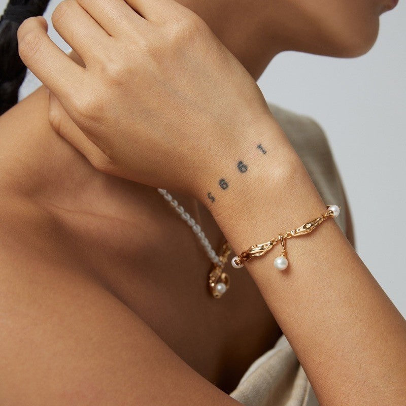 Faux Pearl Chain Bracelet — gold bracelet, view 2
