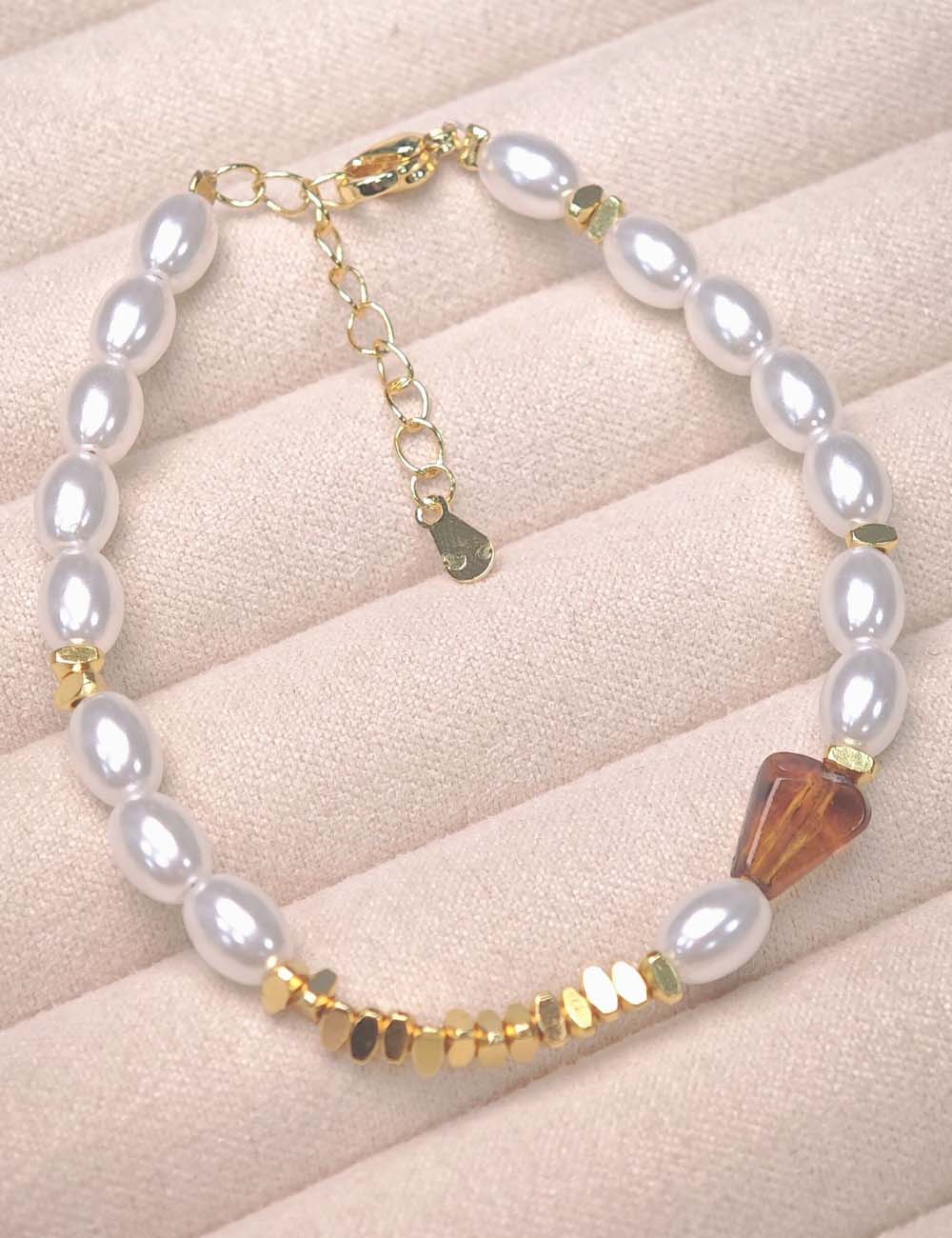 Pearl and Tiger Eye Bracelet — white bracelet, view 2