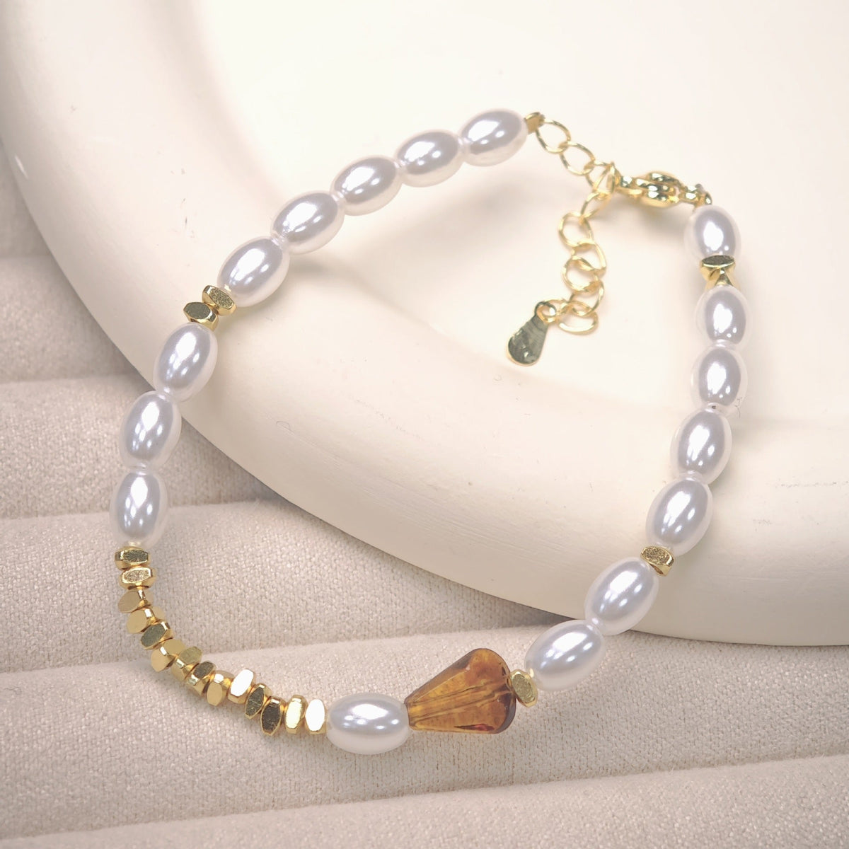 Pearl and Tiger Eye Bracelet — white bracelet, view 3