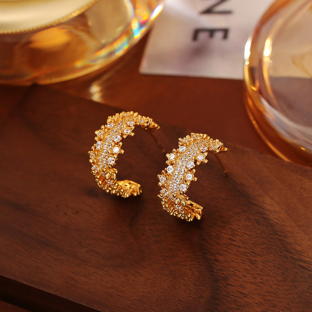 Zirconia C-Shape Stud Earrings — earrings, view 2