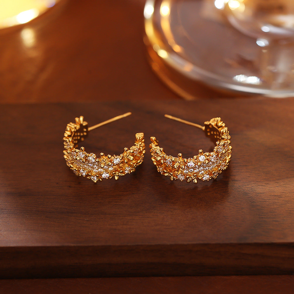 Zirconia C-Shape Stud Earrings — earrings, view 3