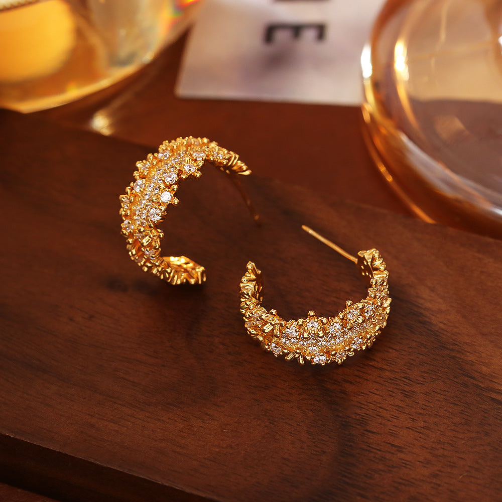 Zirconia C-Shape Stud Earrings — earrings, view 4