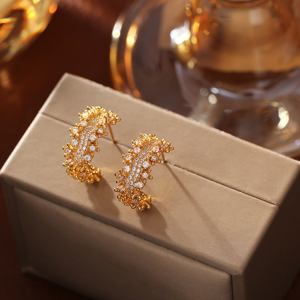 Zirconia C-Shape Stud Earrings — earrings, view 5