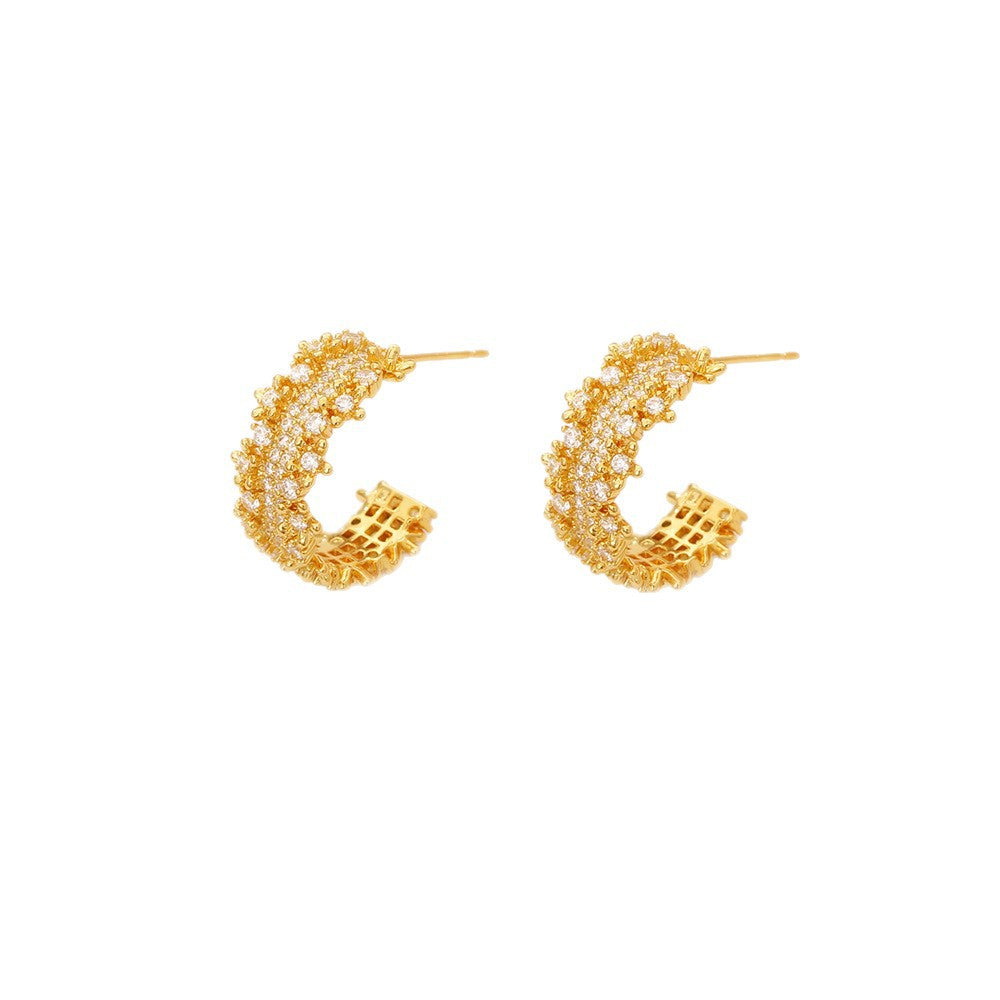 Zirconia C-Shape Stud Earrings — earrings, view 6