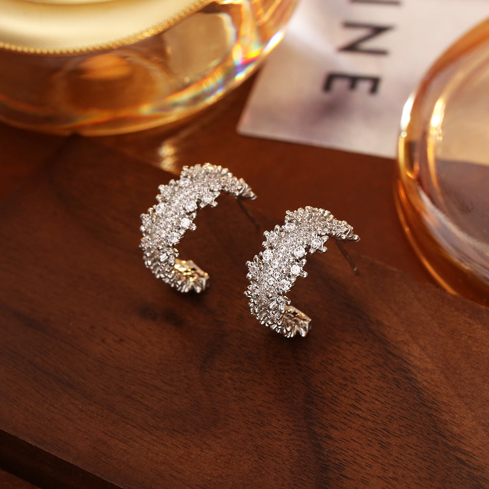 Zirconia C-Shape Stud Earrings — earrings, view 8
