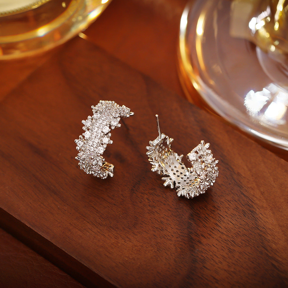 Zirconia C-Shape Stud Earrings — earrings, view 9