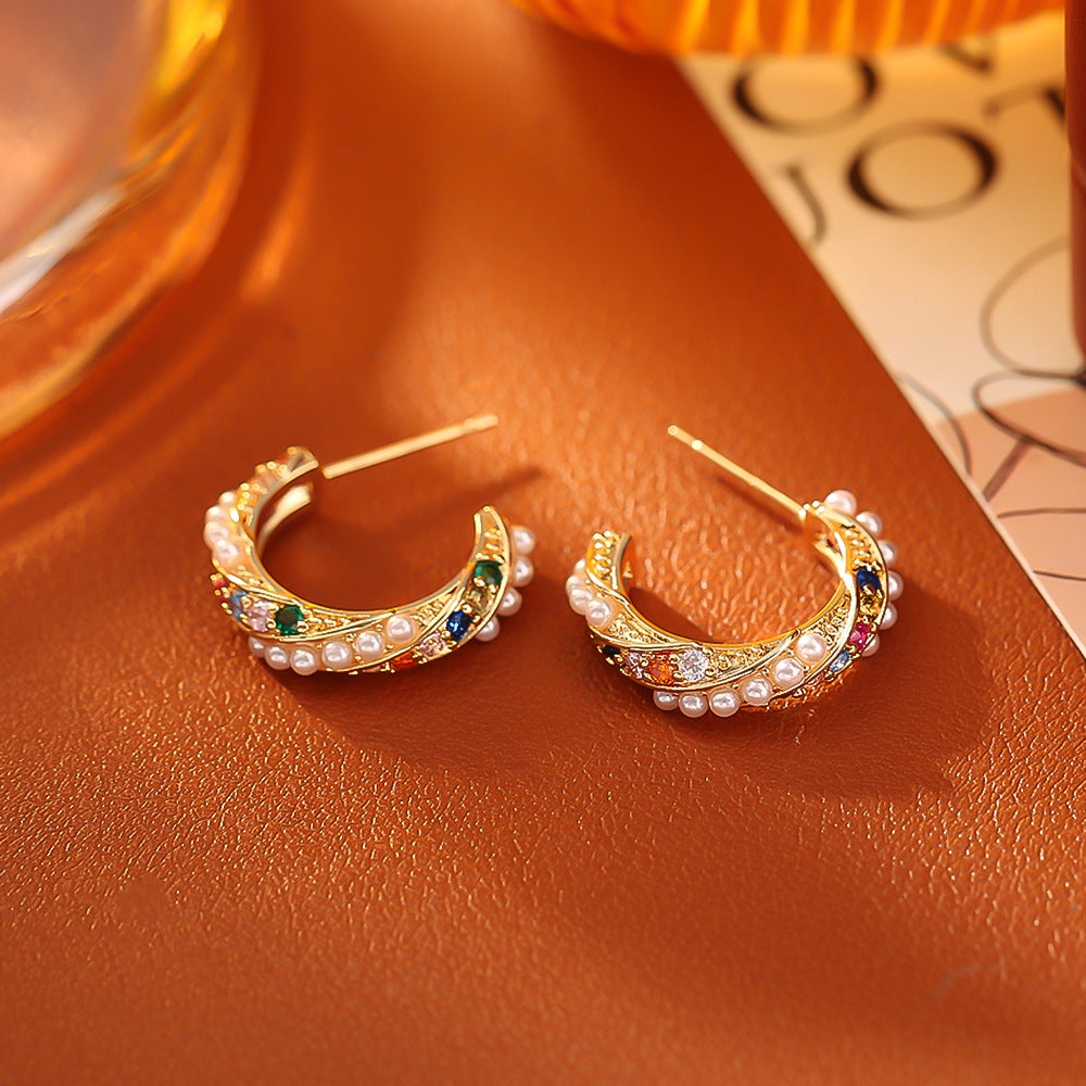 Zirconia C-Shaped Stud Earrings — gold earrings, view 3