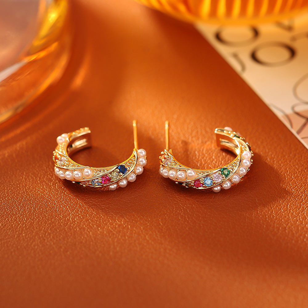Zirconia C-Shaped Stud Earrings — gold earrings, view 4