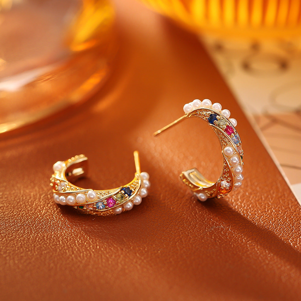 Zirconia C-Shaped Stud Earrings — gold earrings, view 5