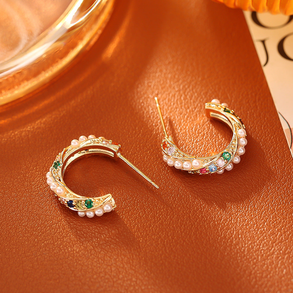 Zirconia C-Shaped Stud Earrings — gold earrings, view 6