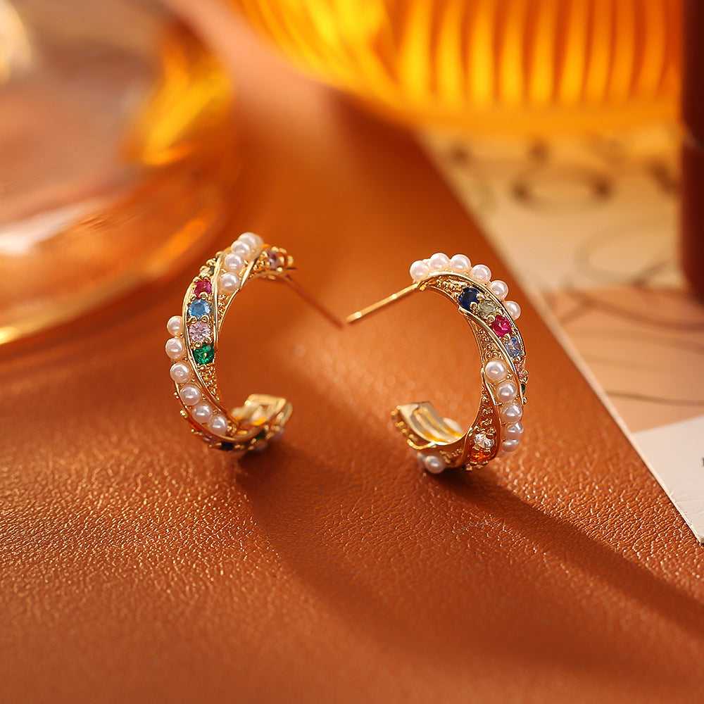 Zirconia C-Shaped Stud Earrings — gold earrings, view 7