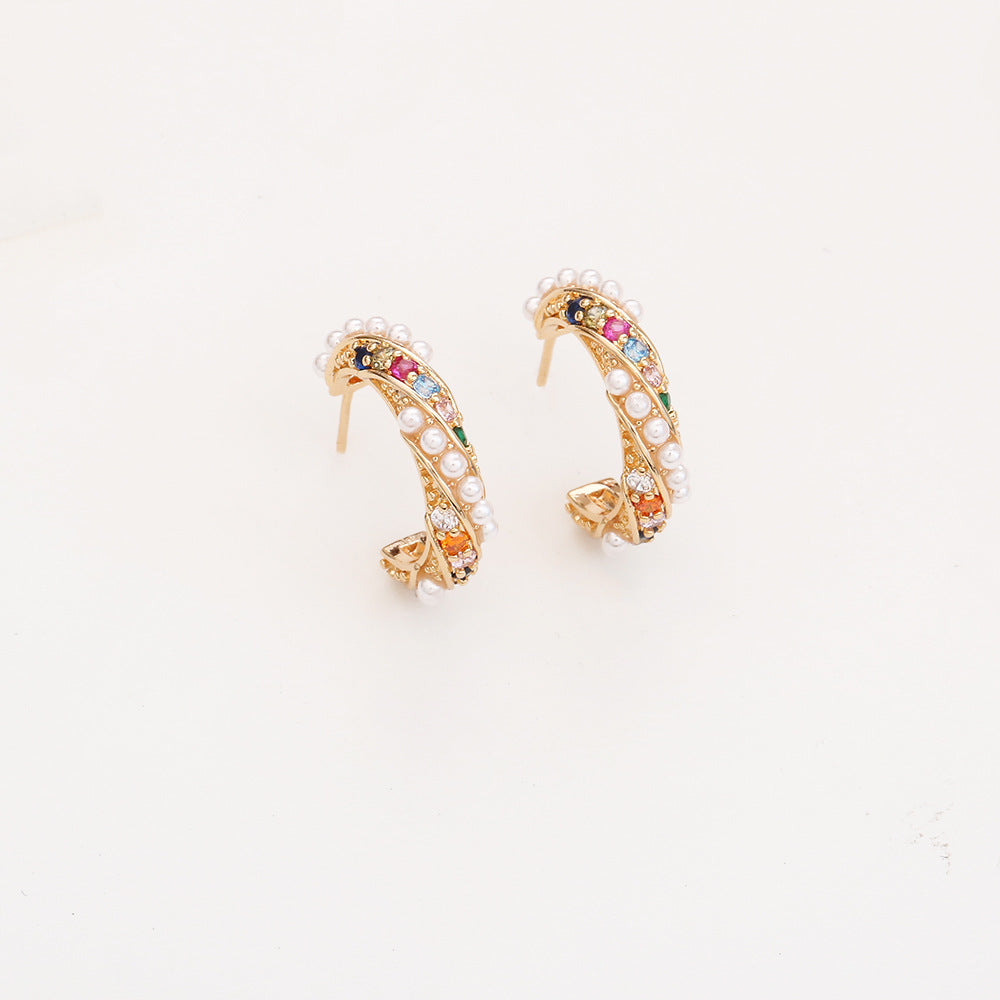 Zirconia C-Shaped Stud Earrings — gold earrings, view 8
