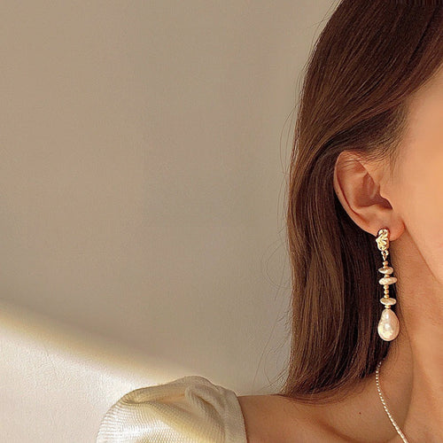 Baroque Faux Pearl Drop Earrings — gold earrings, view 2