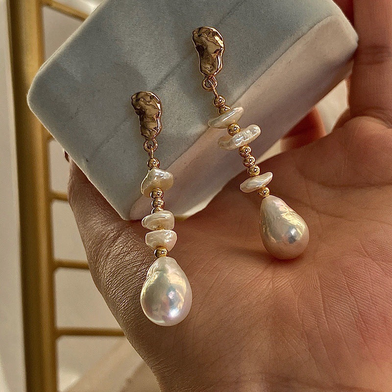 Baroque Faux Pearl Drop Earrings — gold earrings, view 4