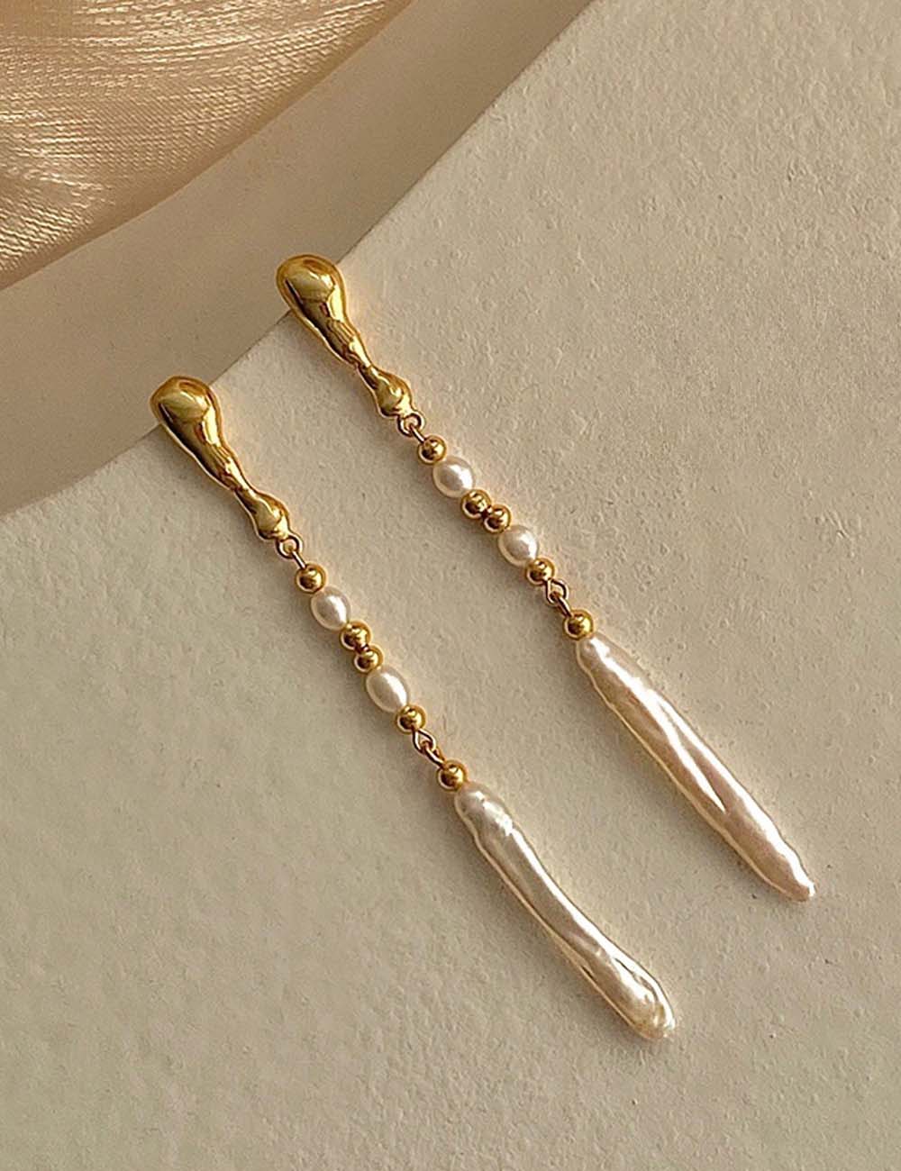 Irregular Baroque Pearl Drop Earrings — gold earrings, view 2