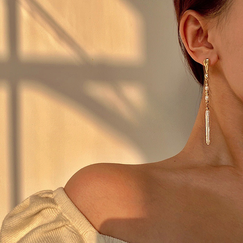 Irregular Baroque Pearl Drop Earrings — gold earrings, view 3
