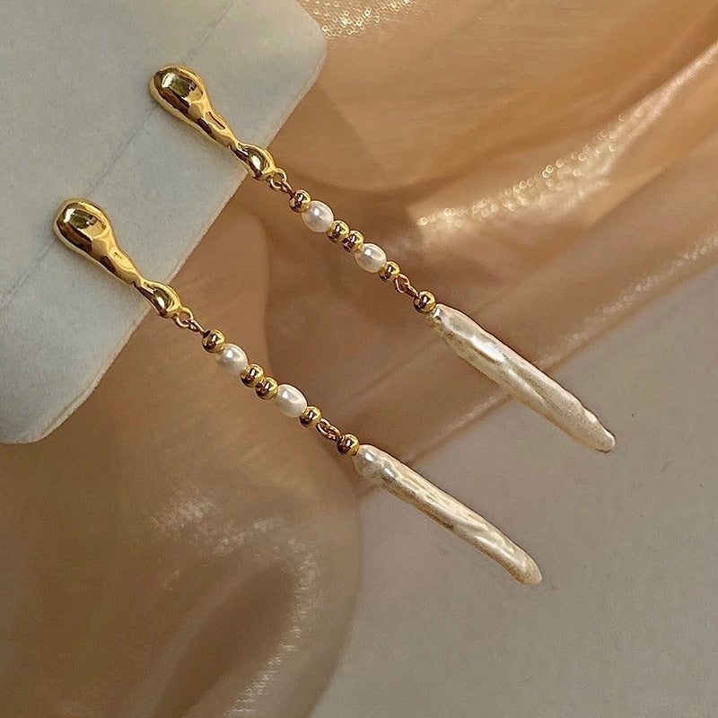 Irregular Baroque Pearl Drop Earrings — gold earrings, view 4