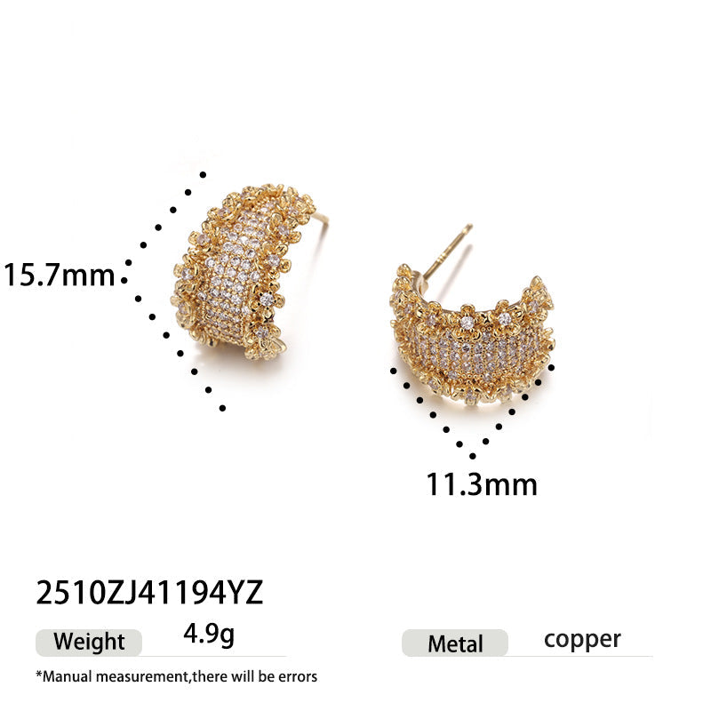 Floral Cubic Zirconia C-Shape Studs — gold earrings, view 2