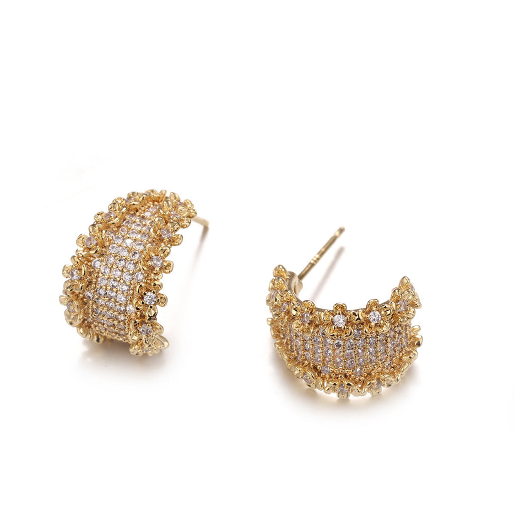 Floral Cubic Zirconia C-Shape Studs — gold earrings, view 3