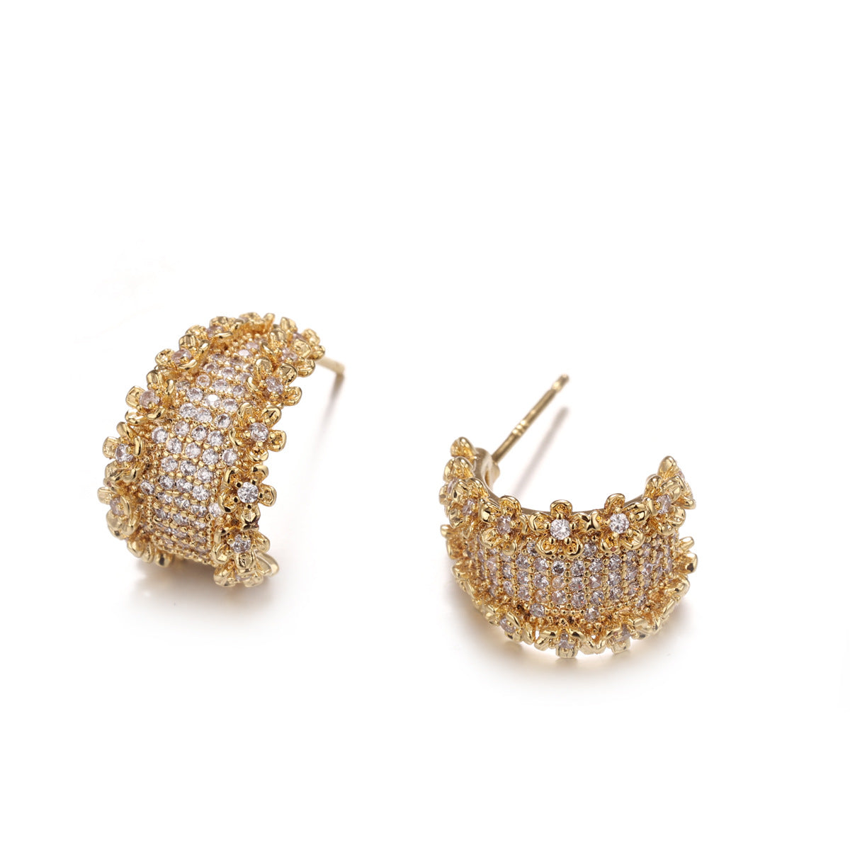 Floral Cubic Zirconia C-Shape Studs — gold earrings, view 3