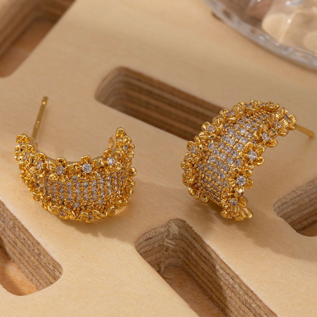 Floral Cubic Zirconia C-Shape Studs — gold earrings, view 5