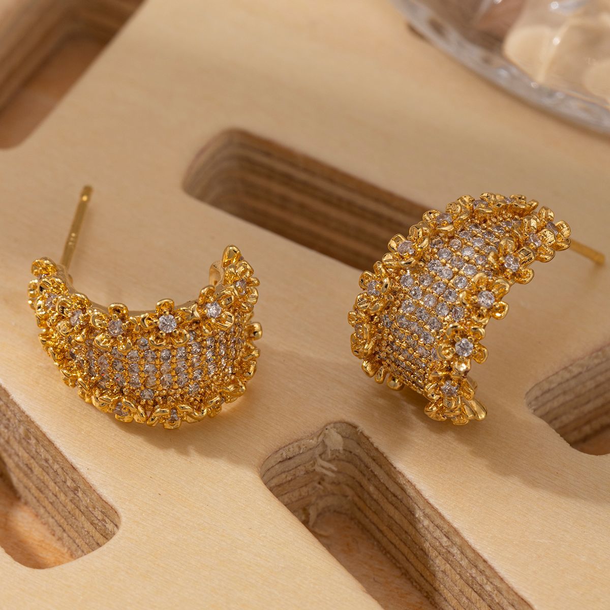 Floral Cubic Zirconia C-Shape Studs — gold earrings, view 5